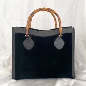 GUCCI Bamboo Diana Vintage Tote Bag Black Suede Leather Top Handles 1990s